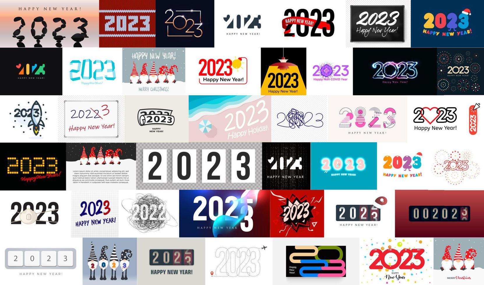 grande coleção de cartazes e logotipos de ano novo de 2023 para decoração de eventos de ano novo, cartões de felicitações, calendário e banners de férias de inverno. ilustração vetorial. vetor