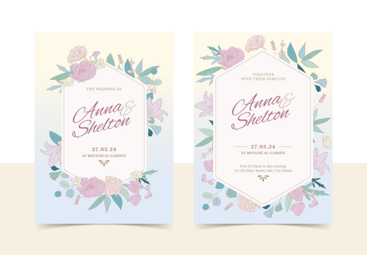 cartão de convite de casamento floral macio vetor