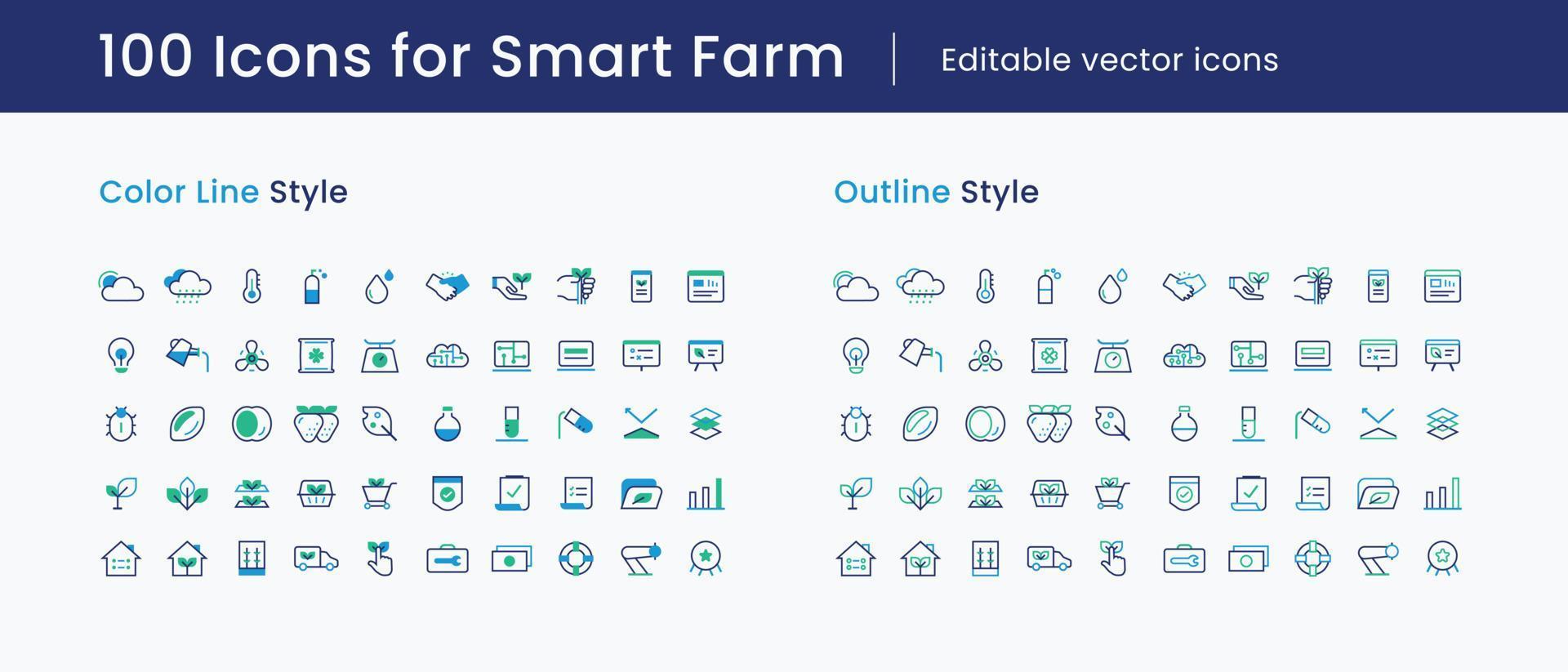 conjunto de 100 ícones de fazenda inteligente vetor