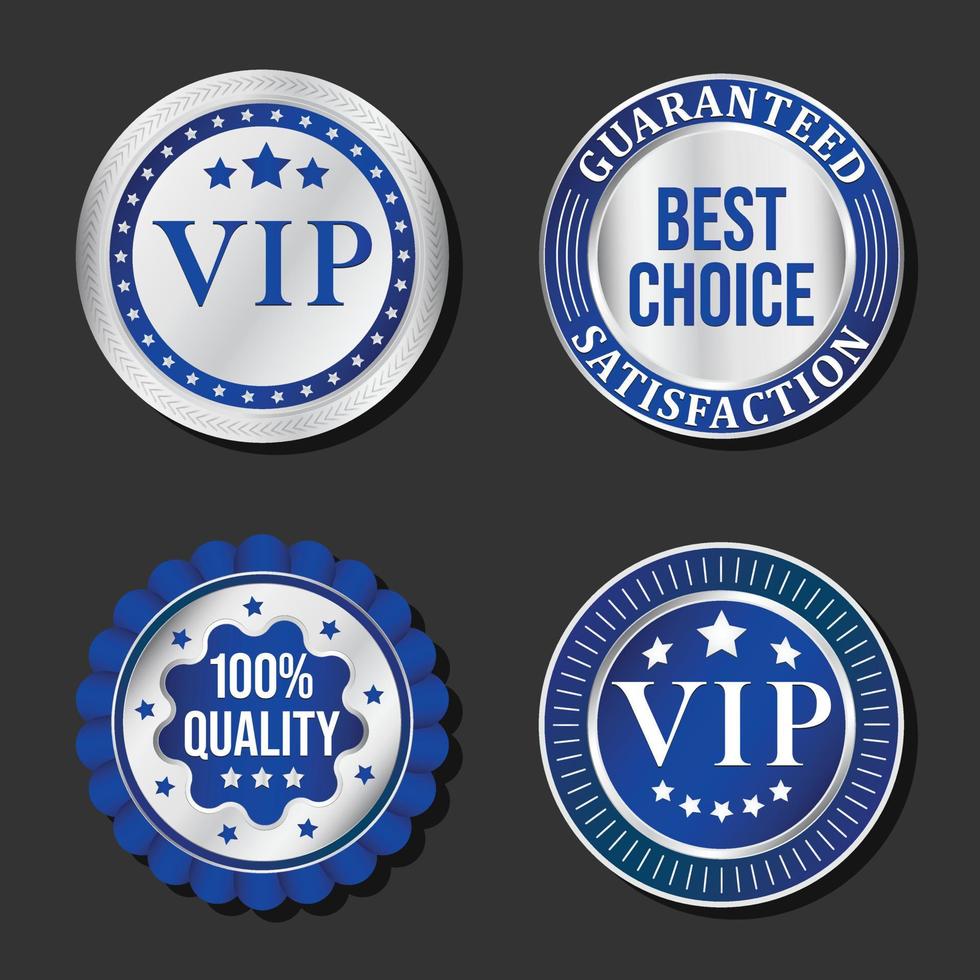 vip, melhor escolha, conjunto de design de rótulos de qualidade premium. emblemas, distintivos nas cores azul e metal com estrelas, estrelas de prestígio, produtos exclusivos, serviços. vetor vip rótulos eps 10.