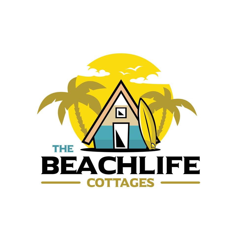 Beachlife cottage resort aluguel logotipo pronto. melhor para negócios relacionados ao aluguel de casas de campo vetor