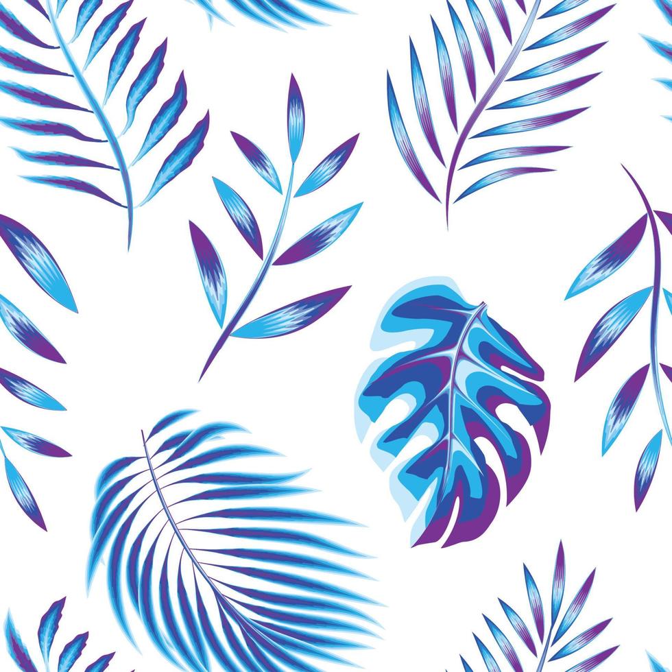 sem costura padrão com folha de palmeira azul céu, samambaia e folhas de plantas monstera em fundo branco. textura de impressão elegante. para pano de camisa ou têxtil. verão exótico. papel de parede da natureza. fundo de primavera vetor