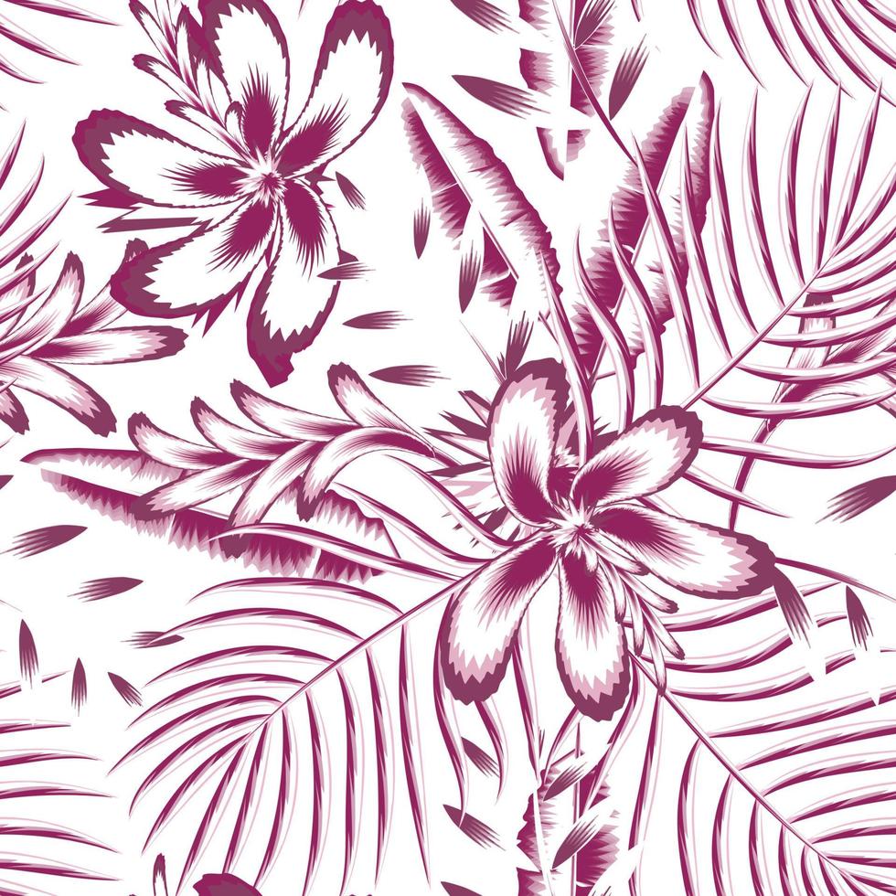 elegante padrão tropical sem costura com folha de palmeira rosa, folhas de bananeira e flor abstrata em um fundo branco. belas plantas exóticas. estampa de verão na moda do Havaí. monocromático elegante floral vetor