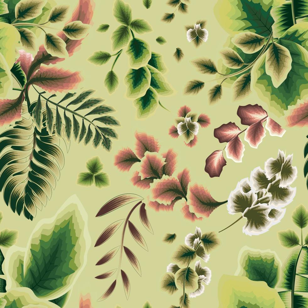 padrão sem costura tropical verde, plantas de folhas tropicais verdes, vermelhas e brancas com fundo delicado, tema vintage. fundo floral. vetor decorativo. textura do tecido. fundo da natureza.