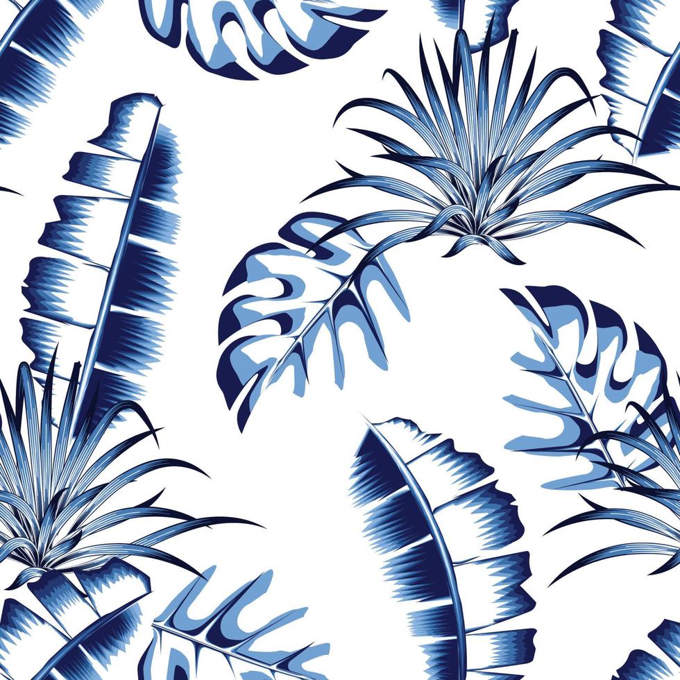 impressão de textura de tecido na moda para camisa com folha de bananeira azul e folhas de monstera padrão sem emenda de plantas tropicais. tema monocromático de verão. selva exótica. natureza decorativa. papel de parede tropical vetor