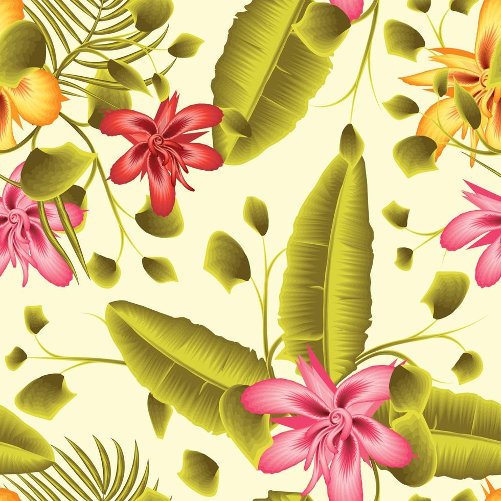folhagem de banana luz verde sem costura padrão com folhas de palmeira tropical e planta de flor de hibisco rosa em fundo bege. verão exótico. colorido elegante. fundo floral. papel de parede da natureza vetor