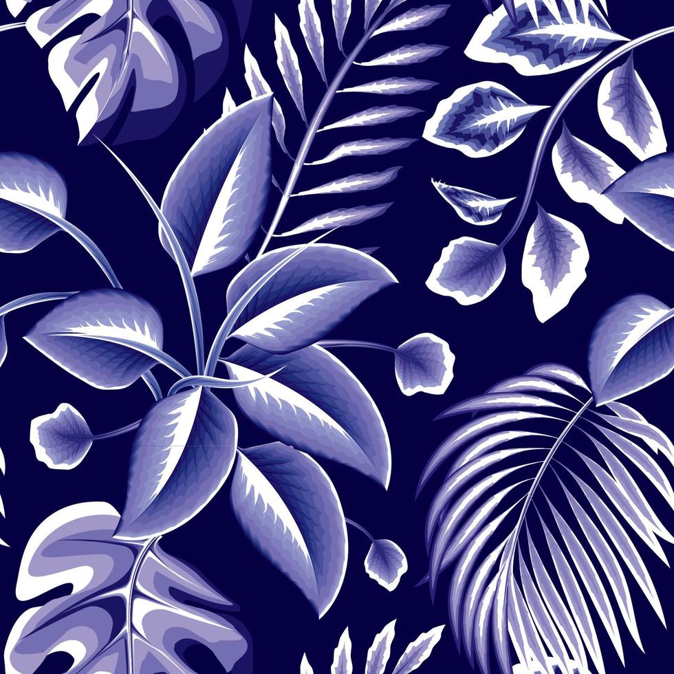 vintage abstrato padrão tropical sem costura com ilustração de selva monocromática azul claro, folhas de palmeira monstera. textura de impressão elegante. desenho vetorial. decoração de papel de parede da natureza. verão exótico vetor