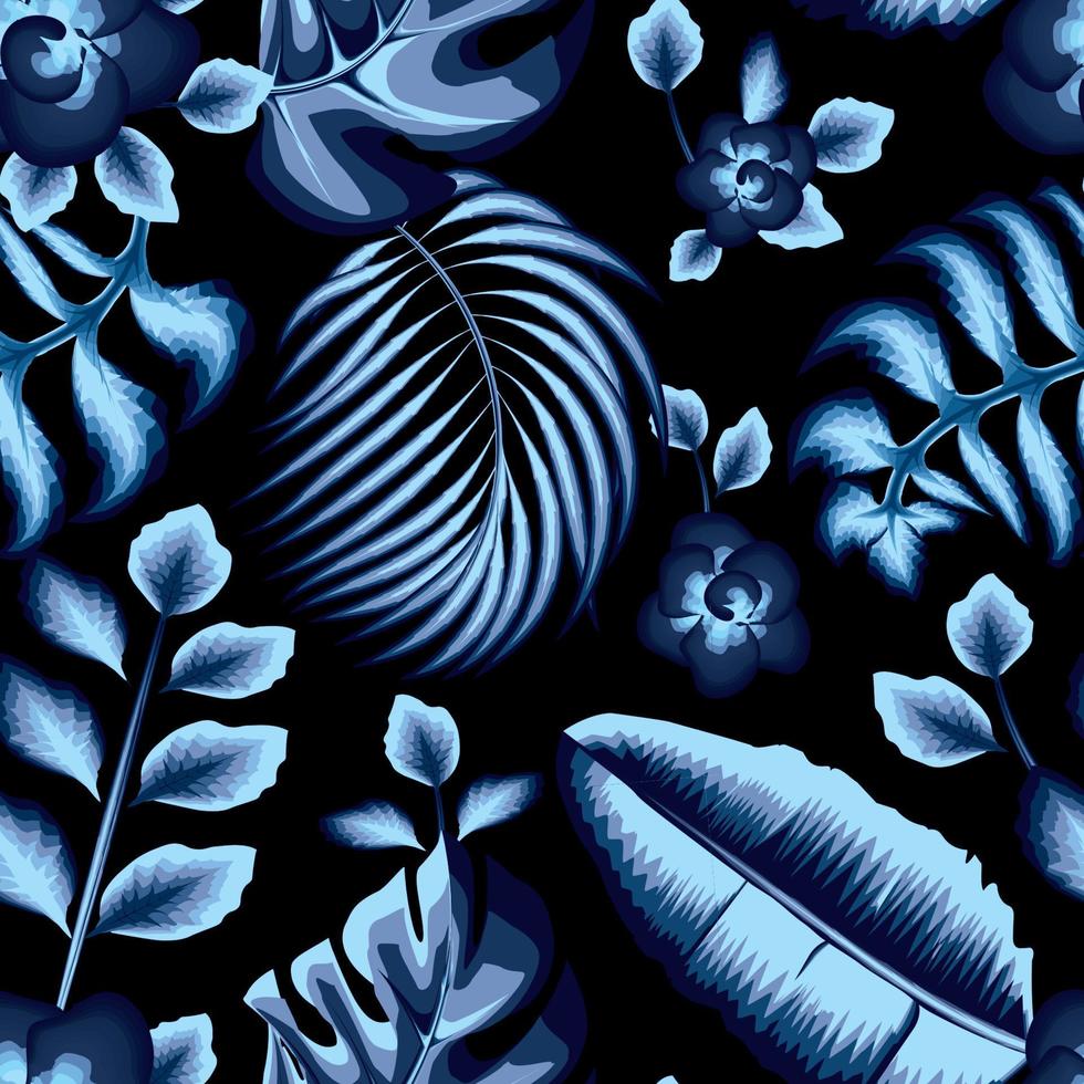 padrão sem emenda de natureza azul marinho com folhas de bananeira tropical e folha de coco, monstera e folhagem de plantas em fundo preto. papel de parede da natureza. padrão de selva. trópicos exóticos. projeto de verão vetor