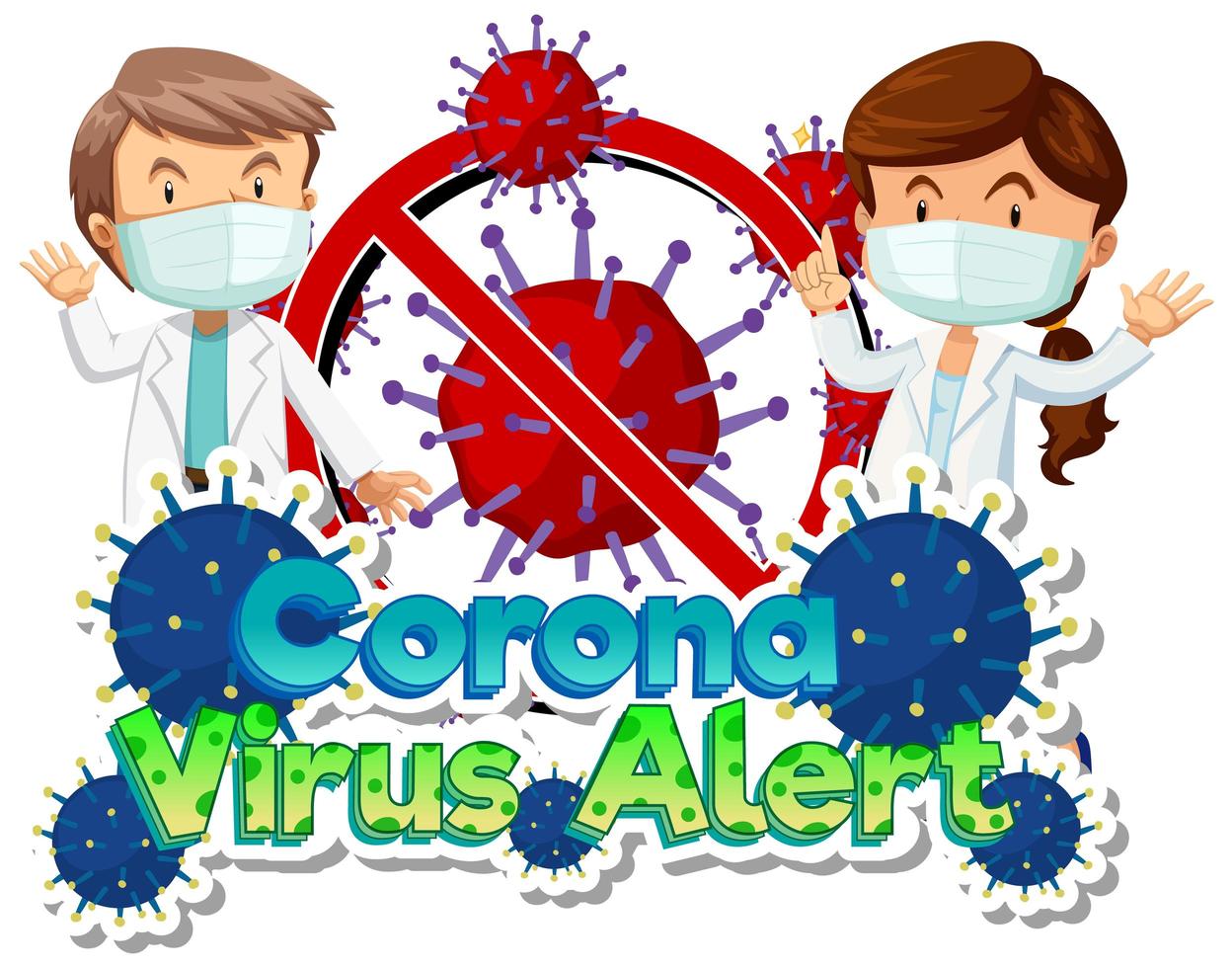 cartaz de alerta de coronavírus com médicos e células virais vetor