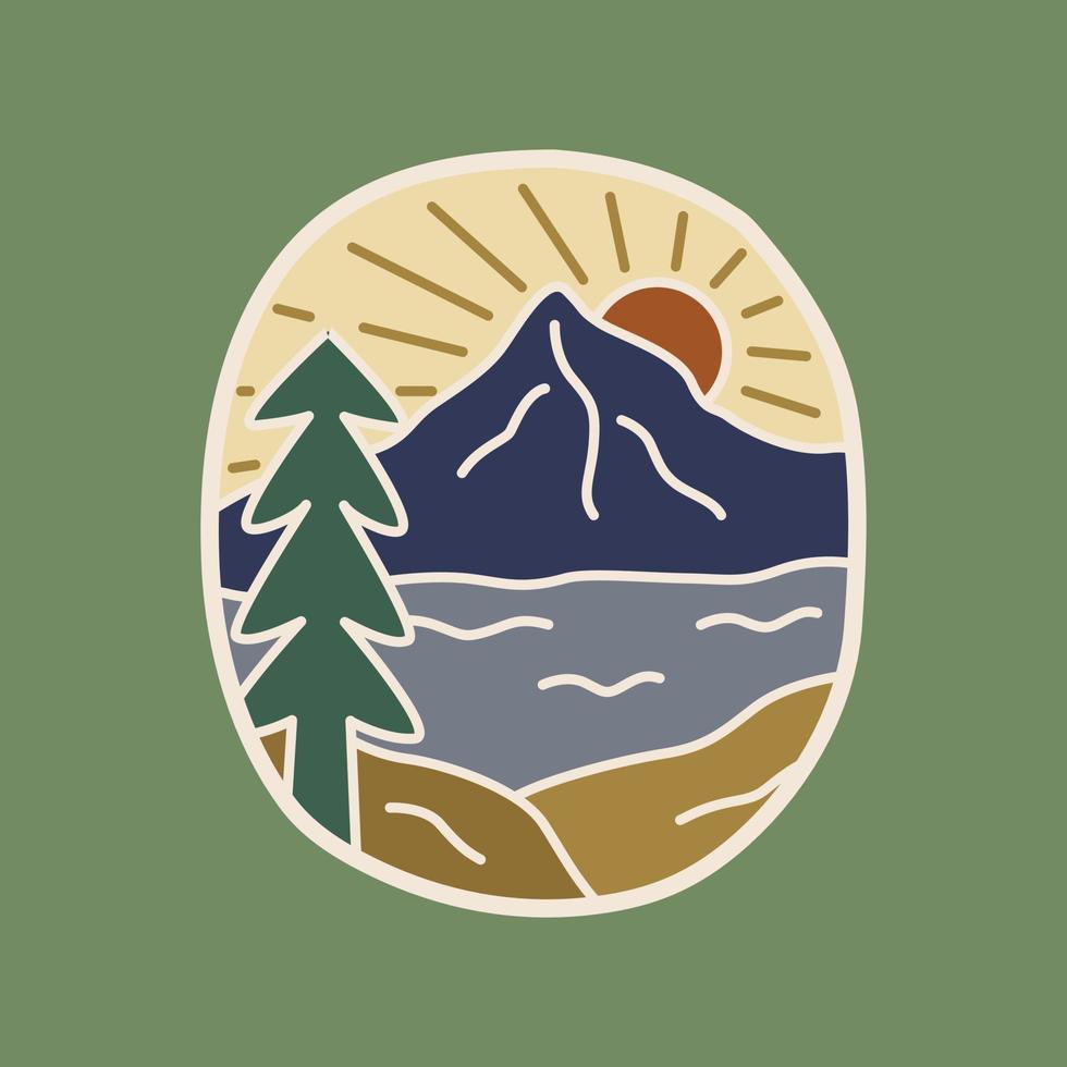 o design da natureza da montanha e do nascer do sol para o emblema do emblema do emblema design de t-shirt de arte gráfica vetorial vetor