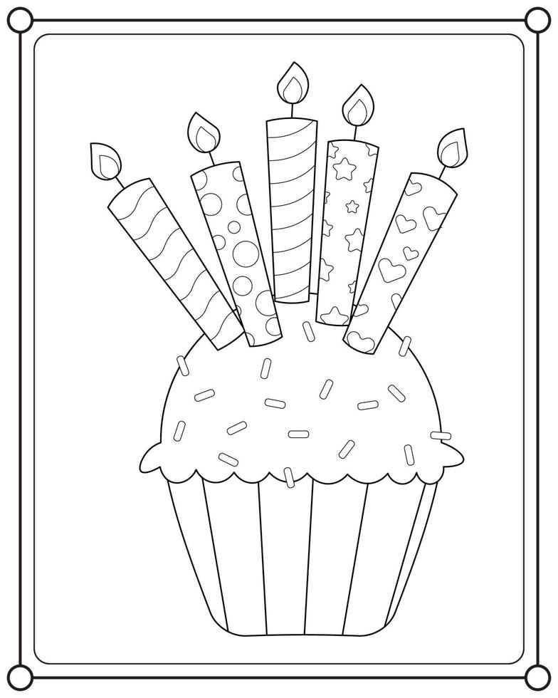 bolo de copo de aniversário com velas adequadas para ilustração vetorial de página para colorir infantil vetor