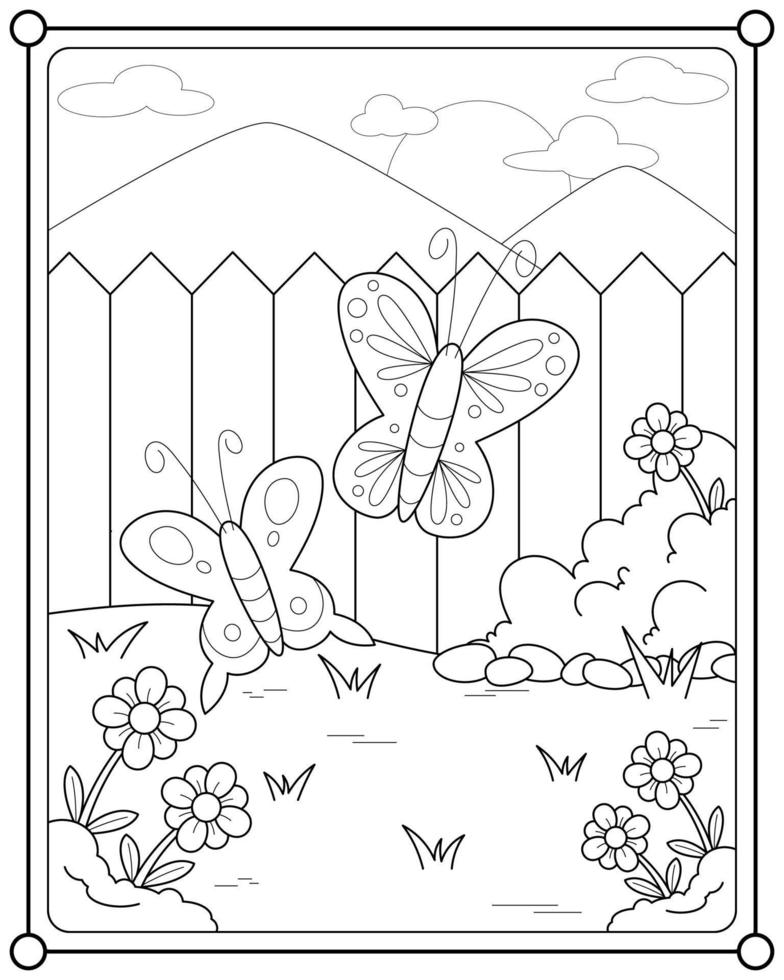 lindas borboletas e flores no jardim adequadas para ilustração vetorial de página para colorir infantil vetor