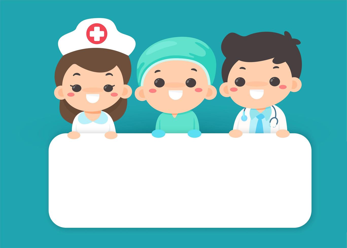 equipe médica de estilo cartoon segurando cartaz em branco vetor
