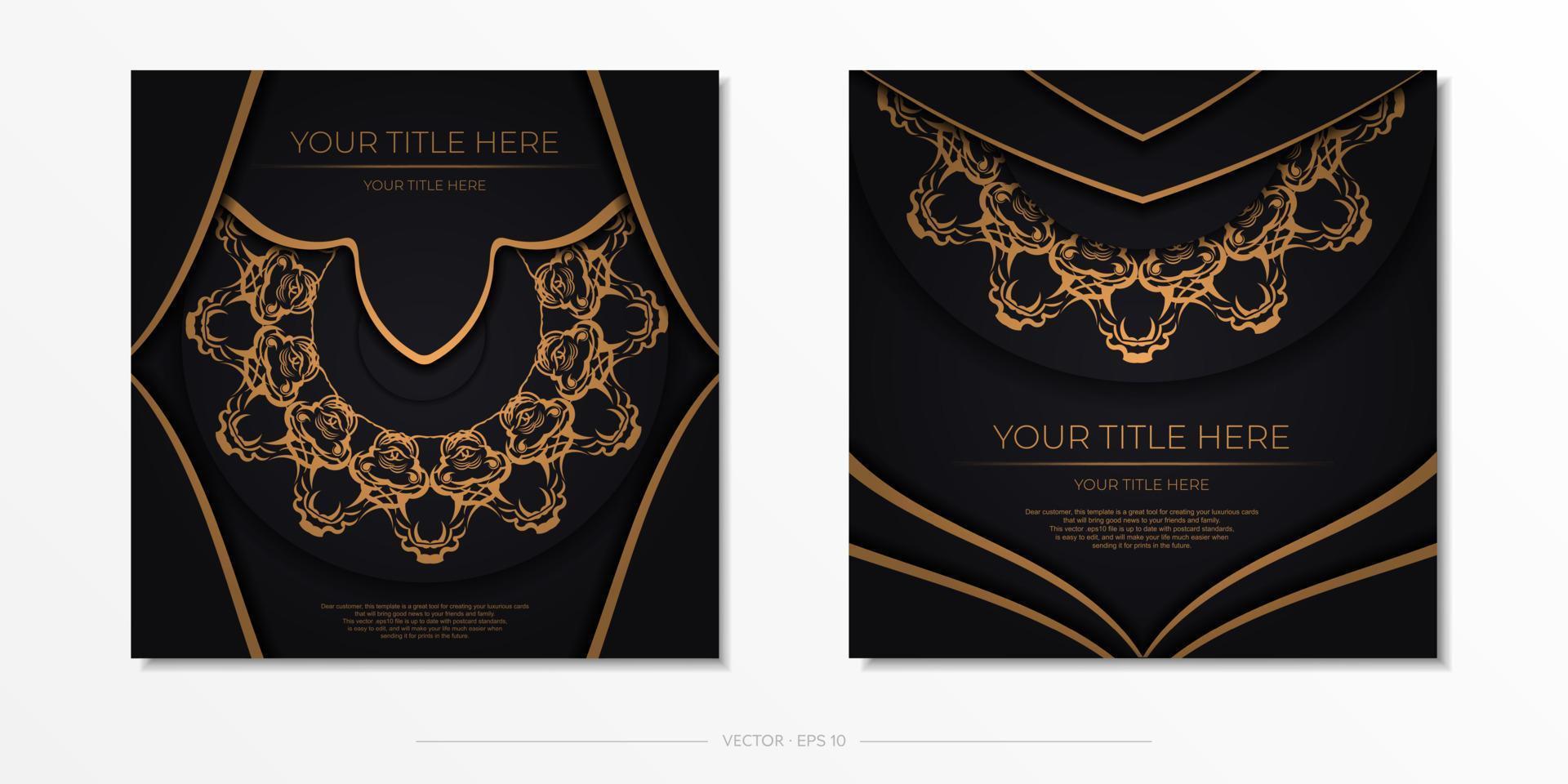postais quadrados em preto com luxuosos ornamentos de ouro. design de cartão de convite com padrões vintage. vetor