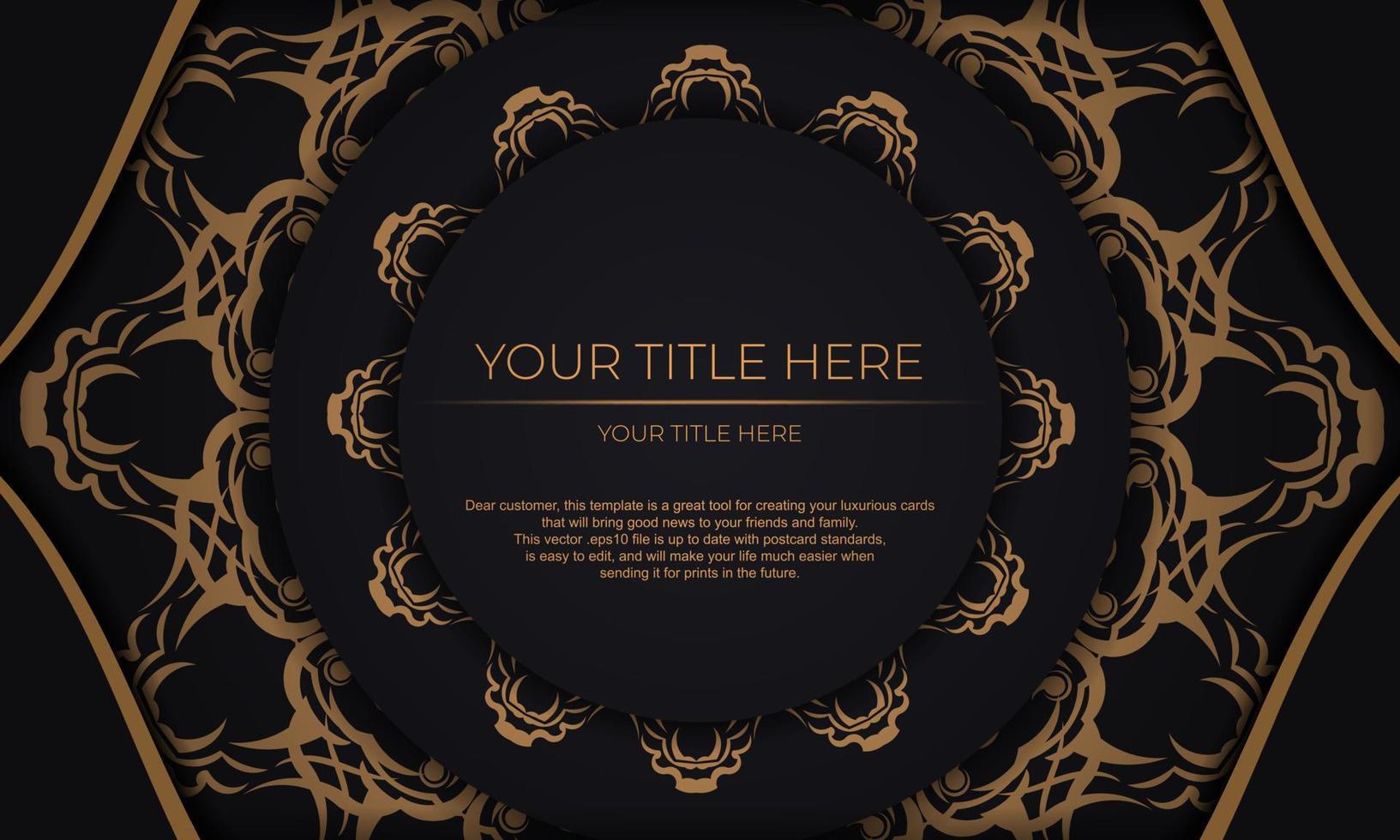 banner de vetor preto com ornamentos de ouro de luxo e lugar para o seu texto. modelo para cartão de convite para impressão de design com padrões vintage.