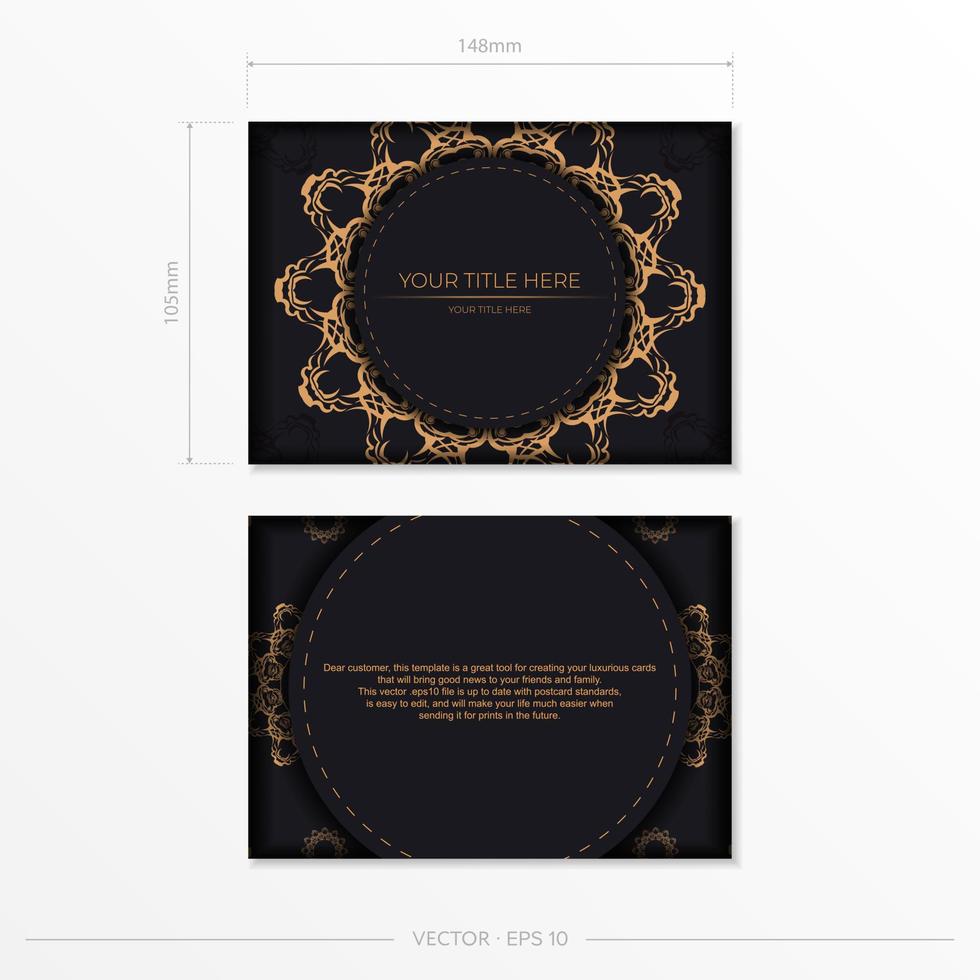 modelo de cartão postal de cor preta de vetor retangular com padrões de ouro luxuosos. design de convite pronto para impressão com ornamentos vintage.