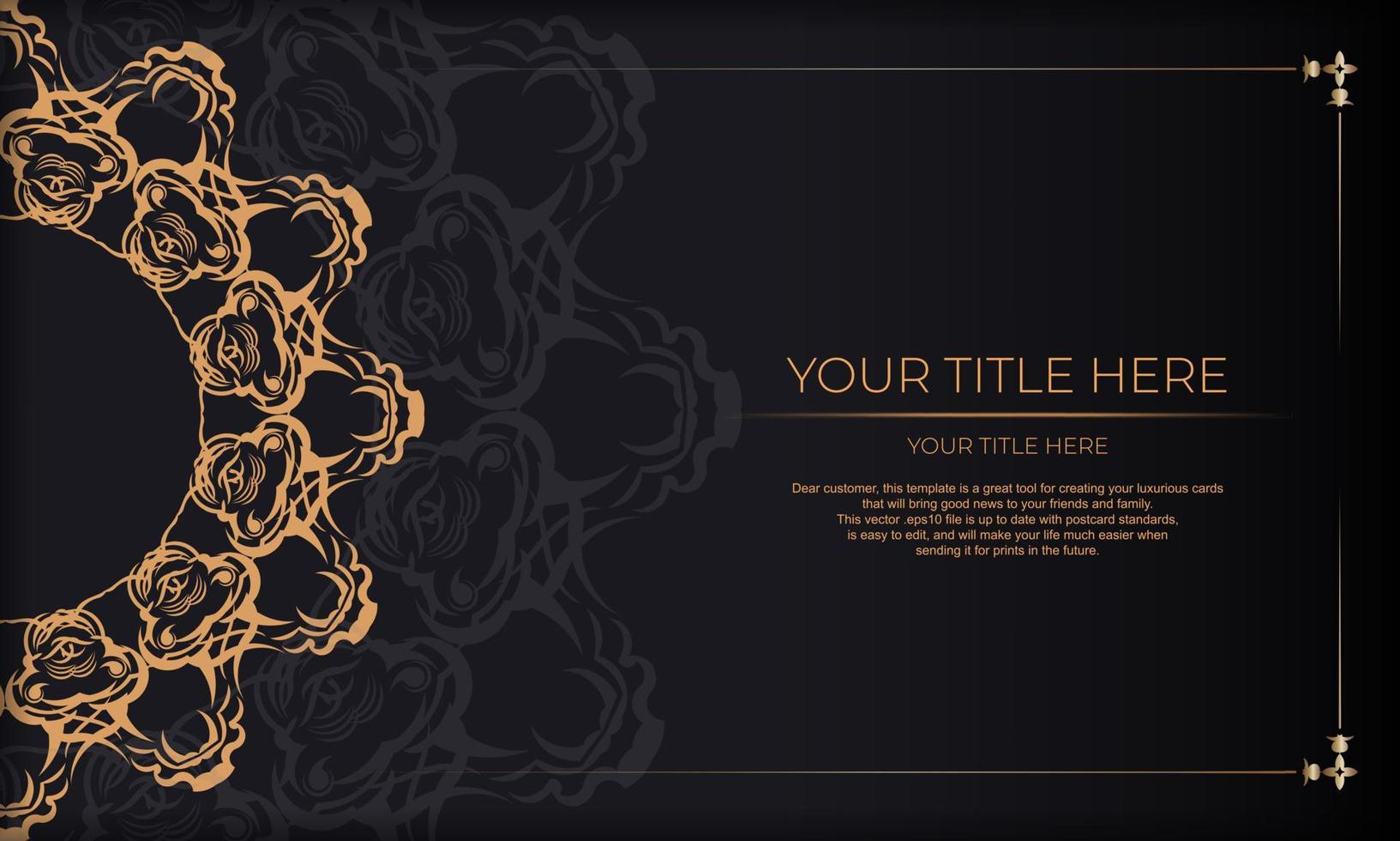 banner preto com ornamentos de ouro de luxo e lugar para seu projeto. modelo para cartão de convite para impressão de design com padrões vintage. vetor