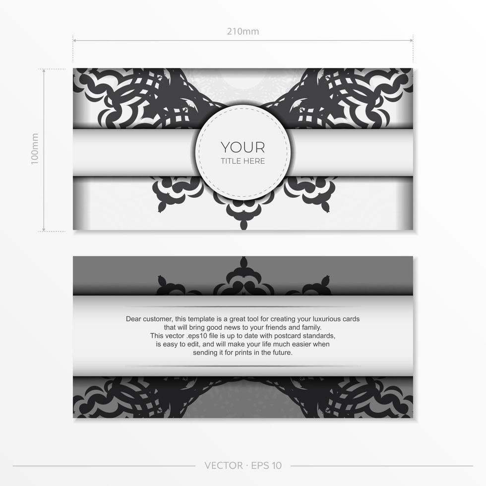 modelo de vetor de um cartão postal em branco com padrões pretos. design de convite pronto para impressão com ornamento de mandala.