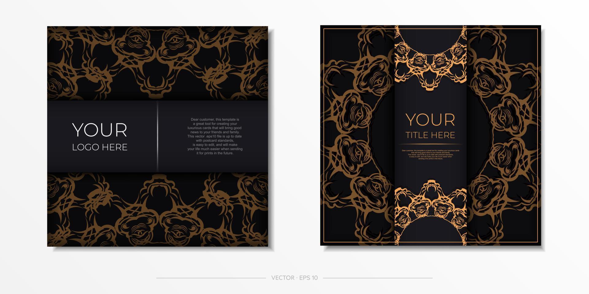 postais quadrados em preto com luxuosos ornamentos de ouro. desenho vetorial de cartão de convite com padrões vintage. vetor