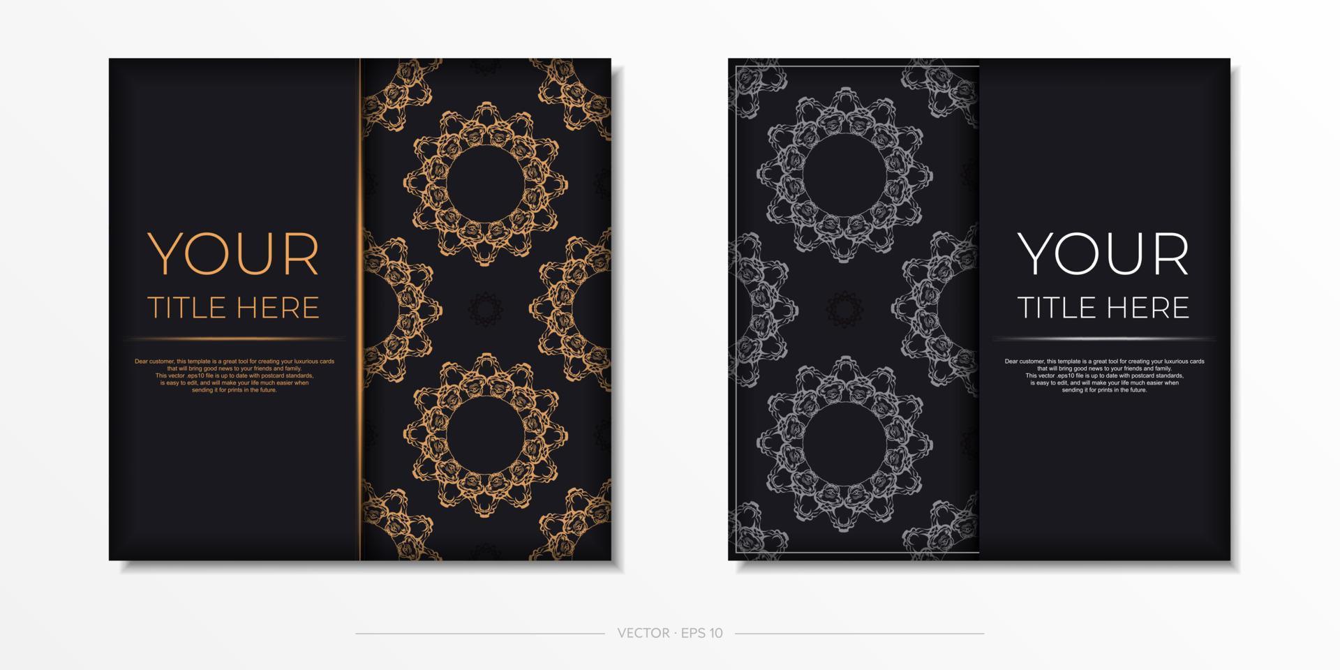 modelo de cartão postal de vetor quadrado de cor preta com padrões de ouro de luxo. design de convite pronto para impressão com ornamentos vintage.