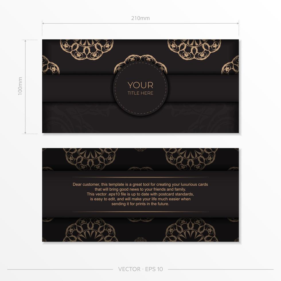 design de cartão postal retangular pronto para imprimir em preto com ornamentos luxuosos. modelo de cartão de convite com padrões vintage. vetor