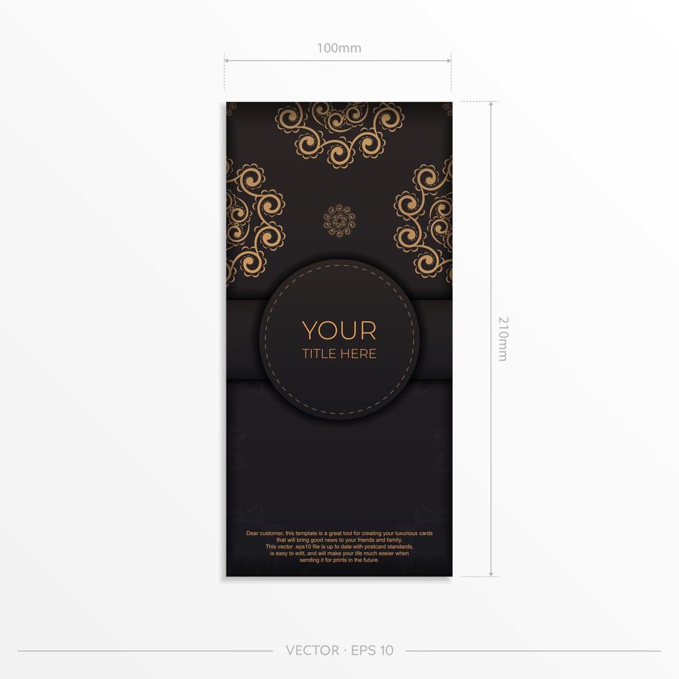 modelo de cartão postal retangular em preto com ornamentos indianos. design de convite pronto para impressão com padrões de mandala. vetor