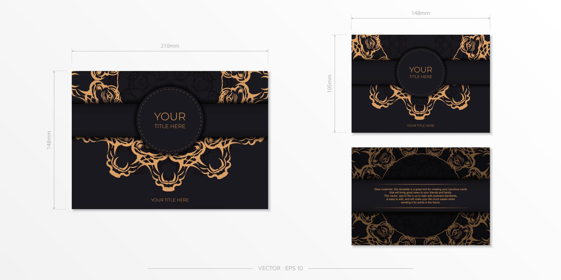 postais vetoriais retangulares em preto com padrões de ouro luxuosos. design de cartão de convite com ornamento vintage. vetor