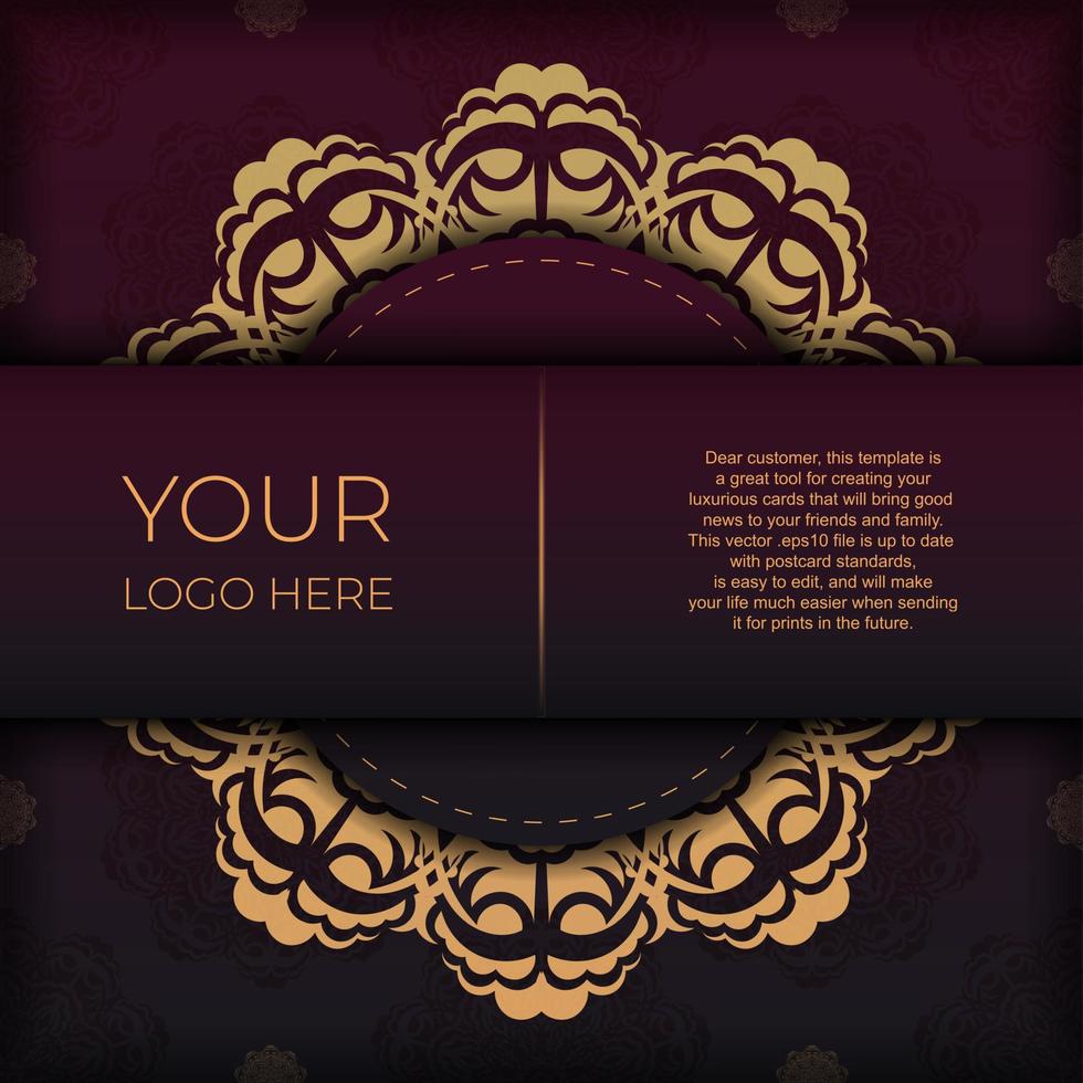 cartões postais prontos de vetor de luxo na cor bordô com padrões vintage. modelo para cartão de convite de design com ornamento de mandala.