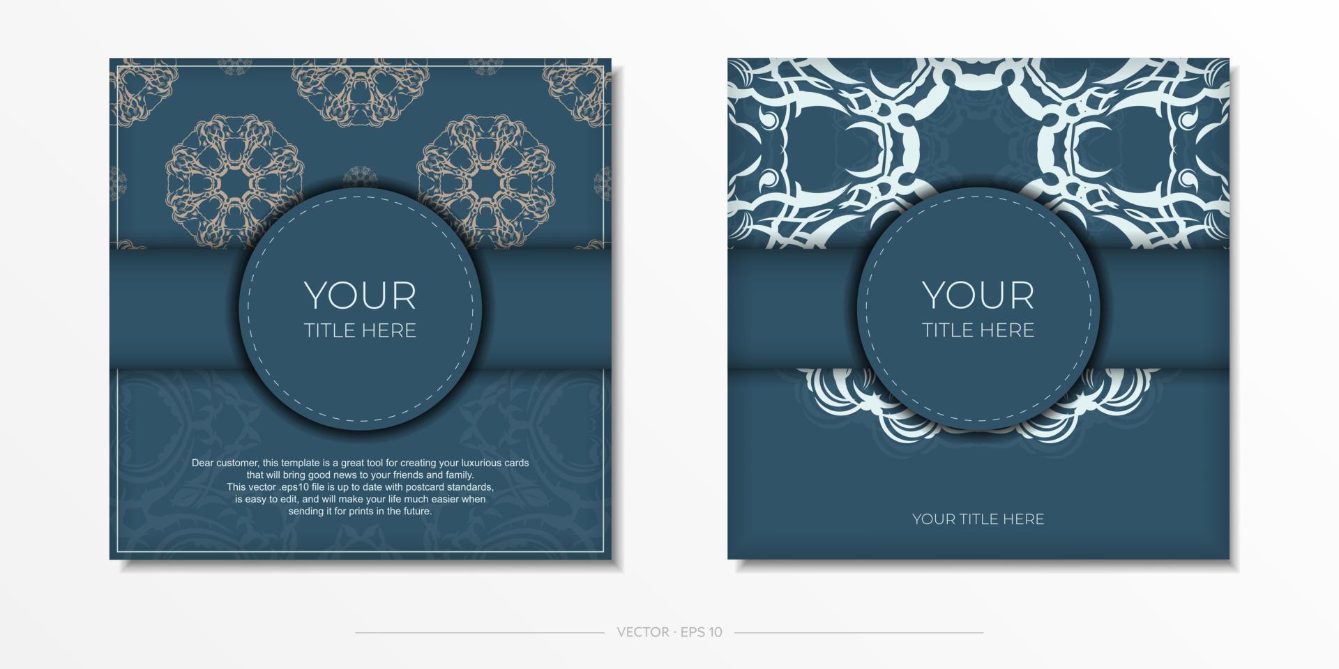 postais quadrados azuis com padrões de luz luxuosos. design de cartão de convite com ornamento vintage. vetor