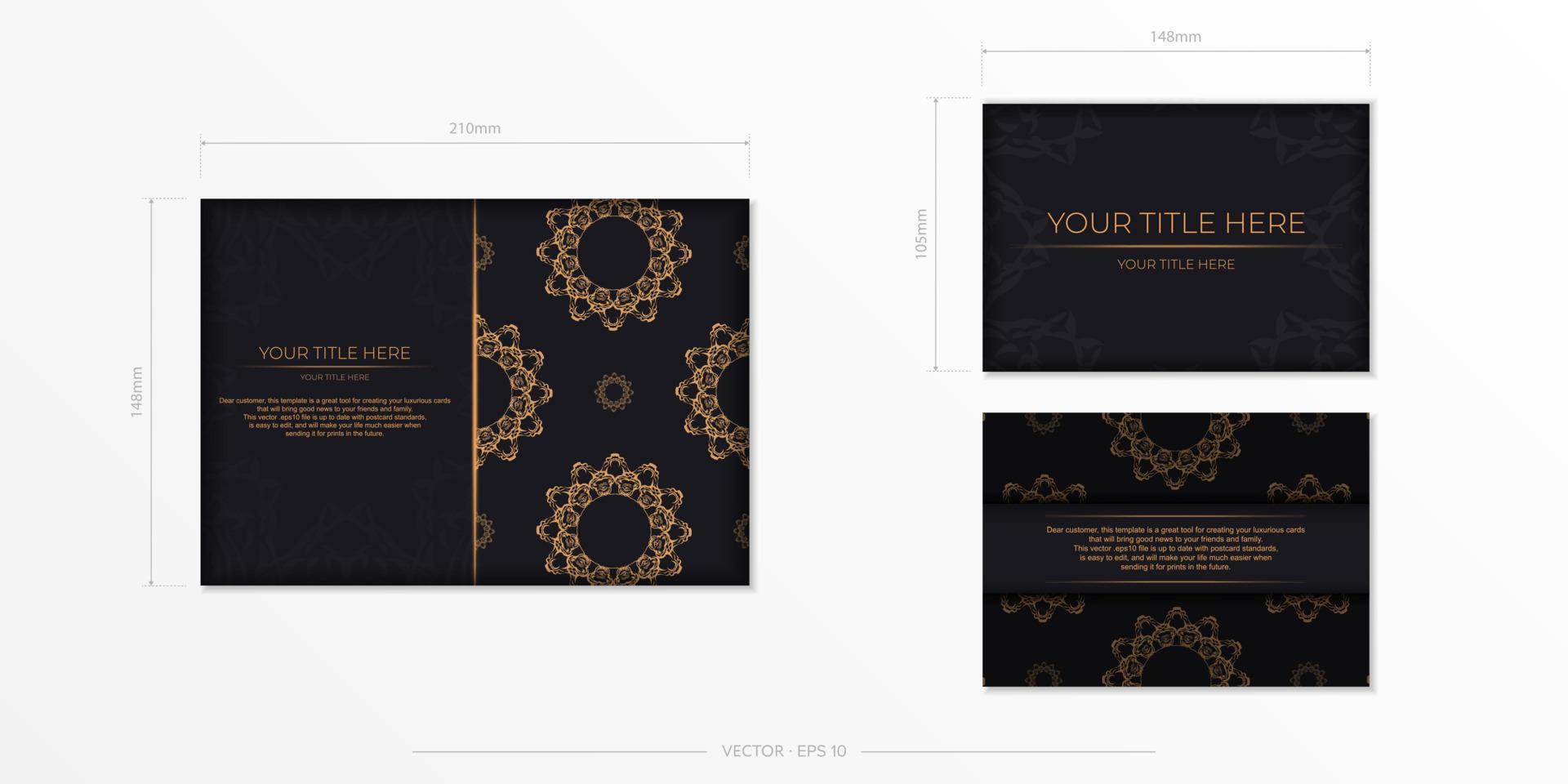 retangular preparando cartões postais em preto com luxuosos ornamentos de ouro. modelo vetorial para impressão de cartão de convite de design com padrões vintage. vetor