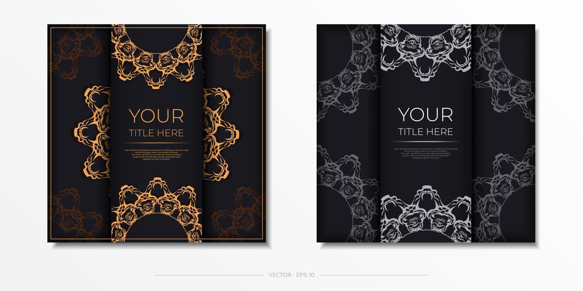 postais vetoriais quadrados em preto com padrões de ouro luxuosos. design de cartão de convite com ornamento vintage. vetor