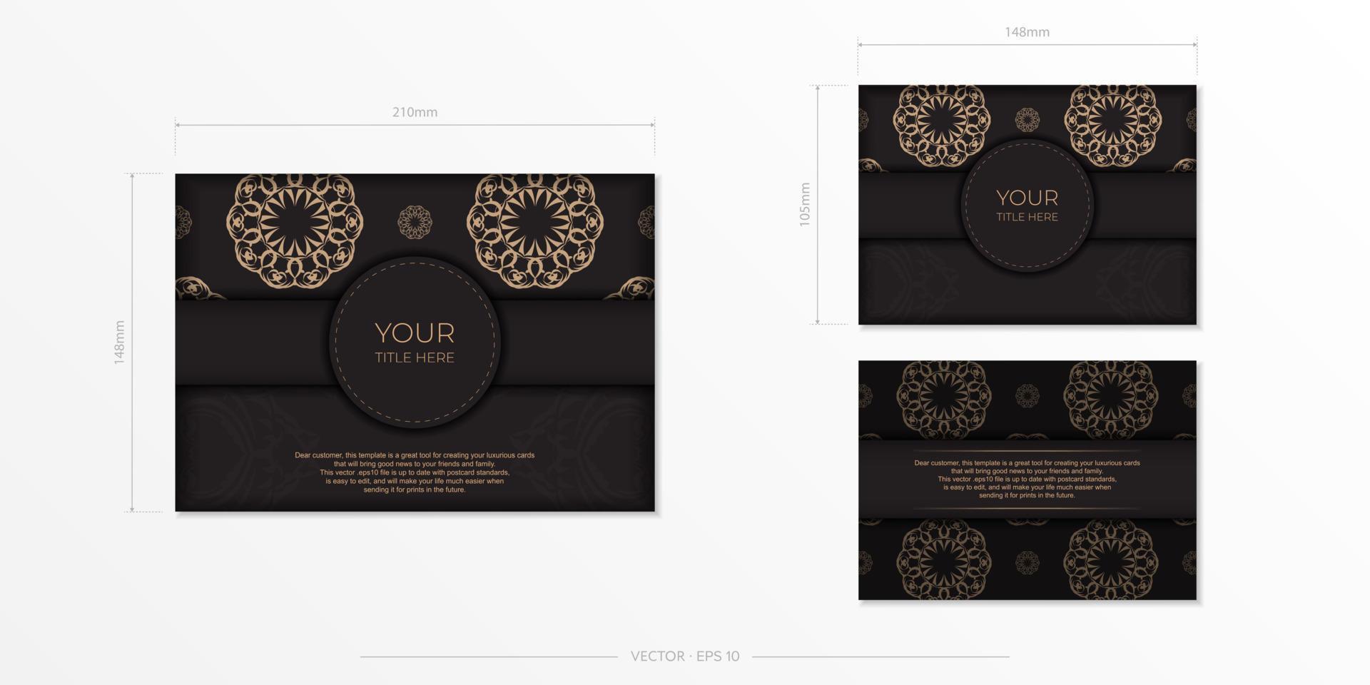 design de cartão postal retangular pronto para imprimir em preto com padrões luxuosos. modelo de cartão de convite de vetor com ornamento vintage.