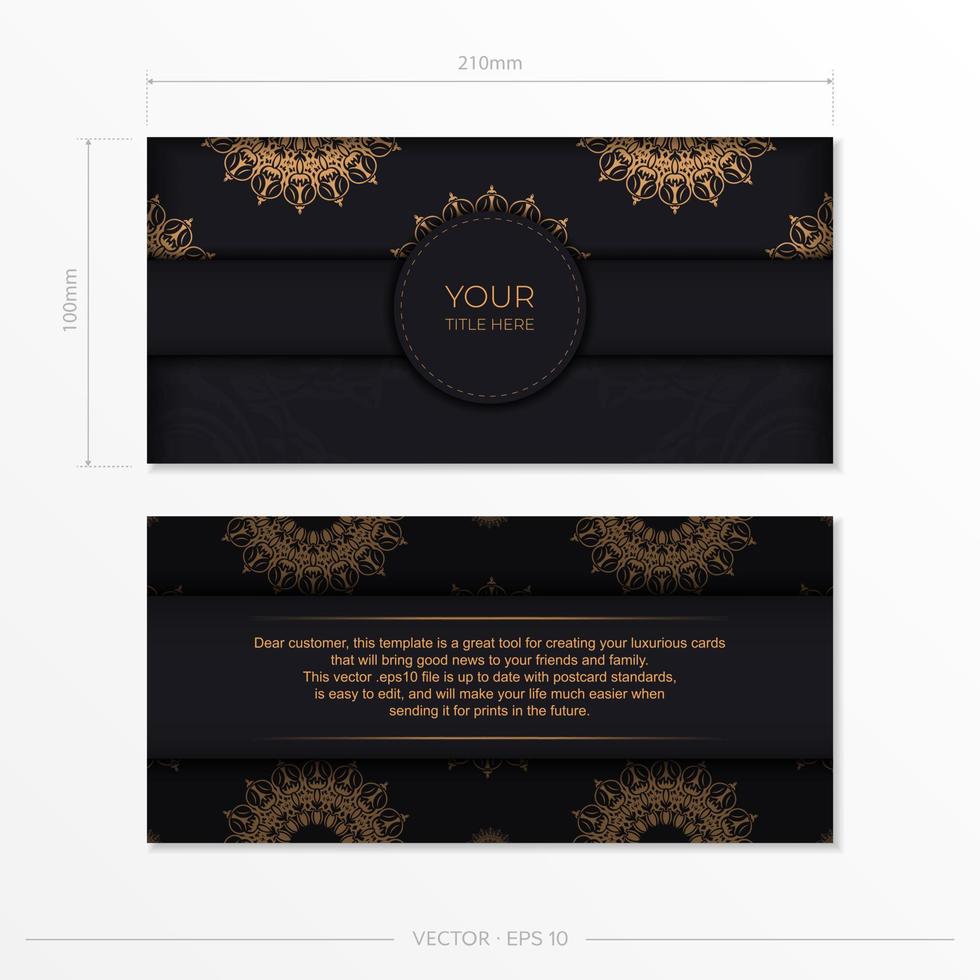 modelo de cartão postal retangular preto com ornamentos luxuosos. design de convite pronto para impressão com padrões vintage. vetor
