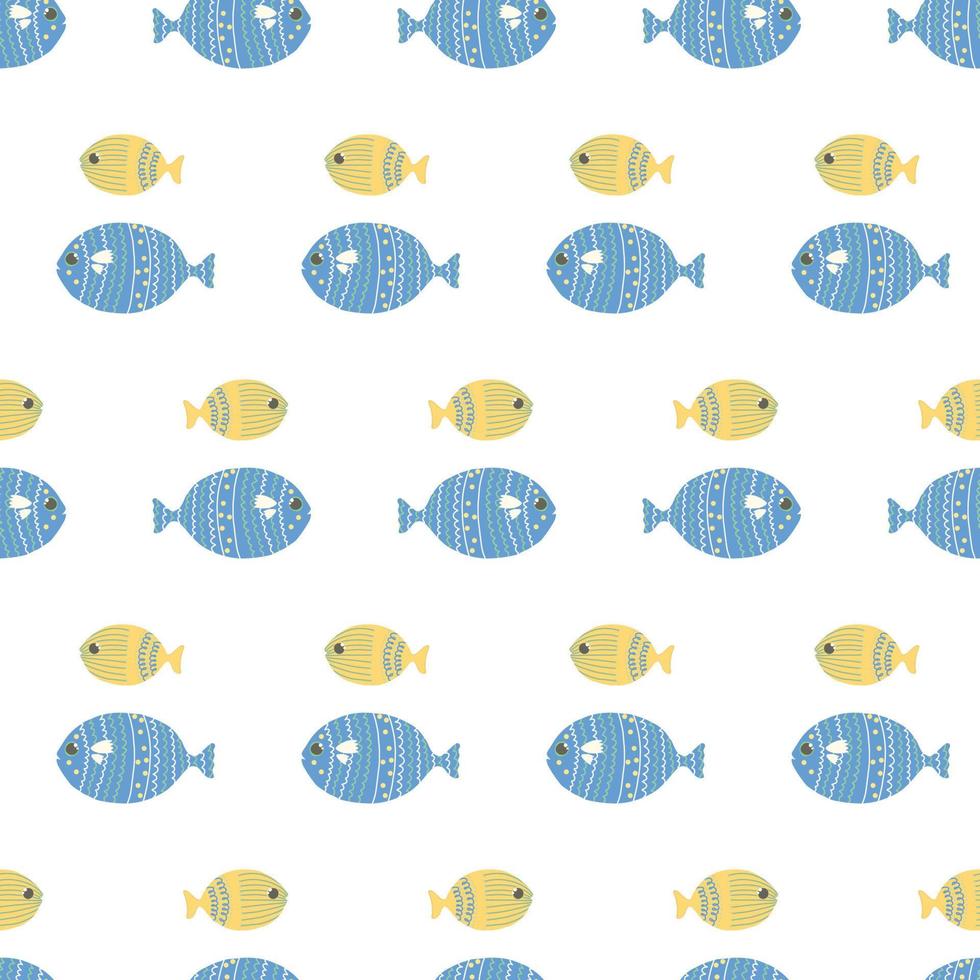 bonito padrão ilustrado com peixe, polvo, algas, conchas. peixe desenhado à mão em um padrão para têxteis, roupas infantis, papel de parede, papel de embrulho, capas de smartphone. vetor