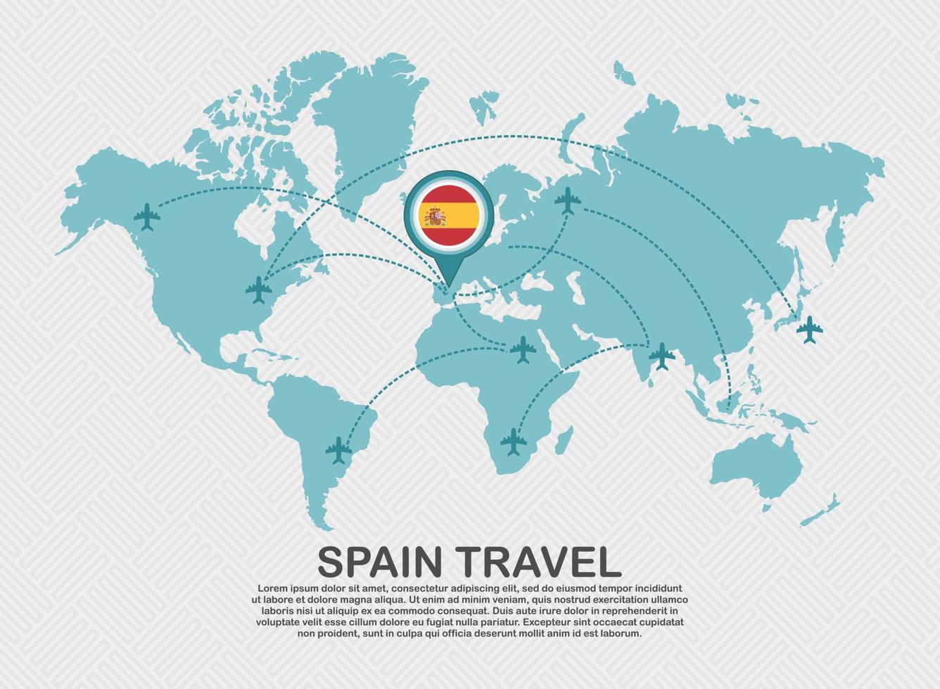 cartaz de viagem para a espanha com mapa do mundo e conceito de destino de turismo de fundo de negócios de rota de avião voador vetor