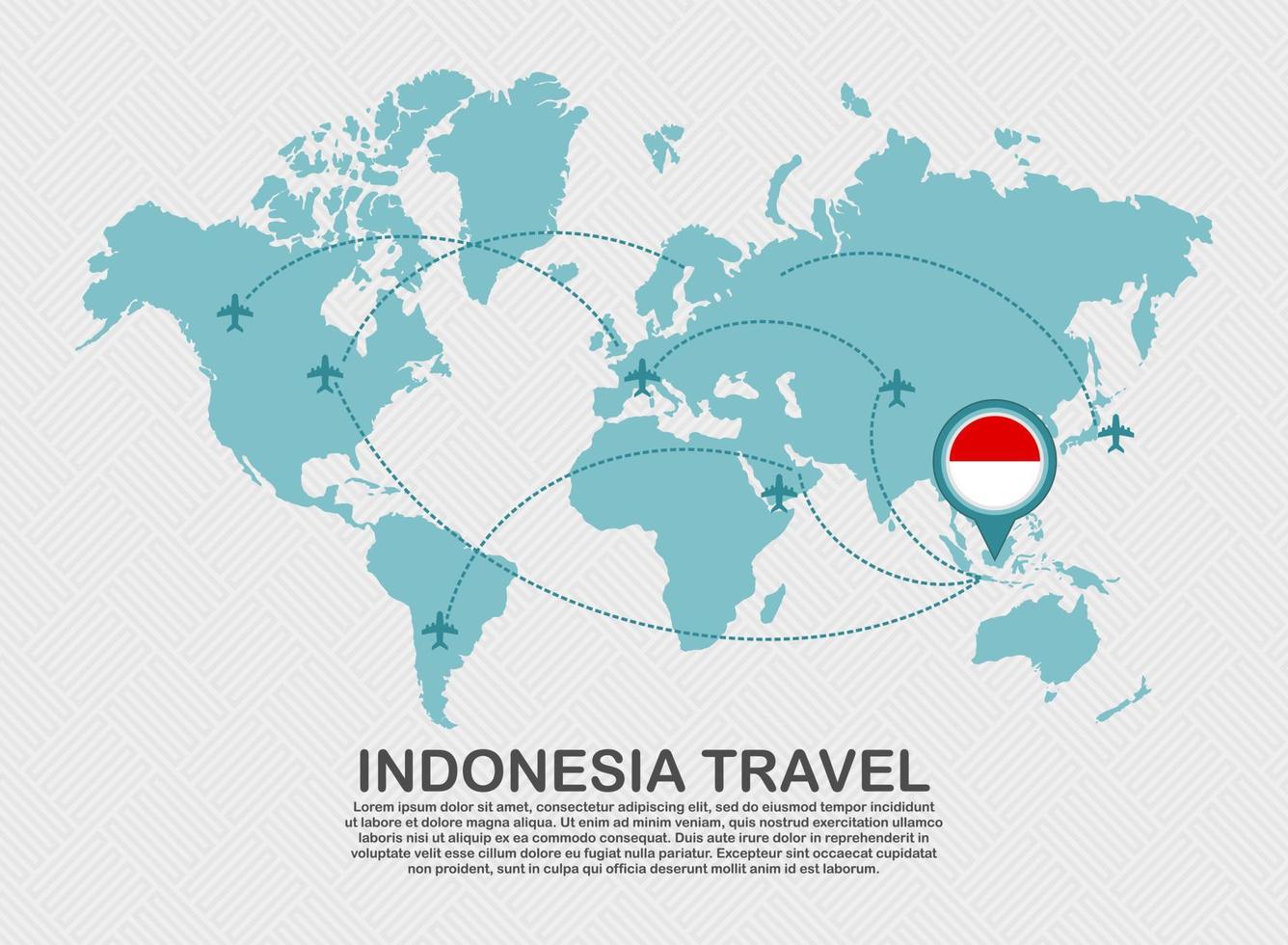 viajar para o cartaz da indonésia com mapa do mundo e conceito de destino de turismo de fundo de negócios de rota de avião voador vetor