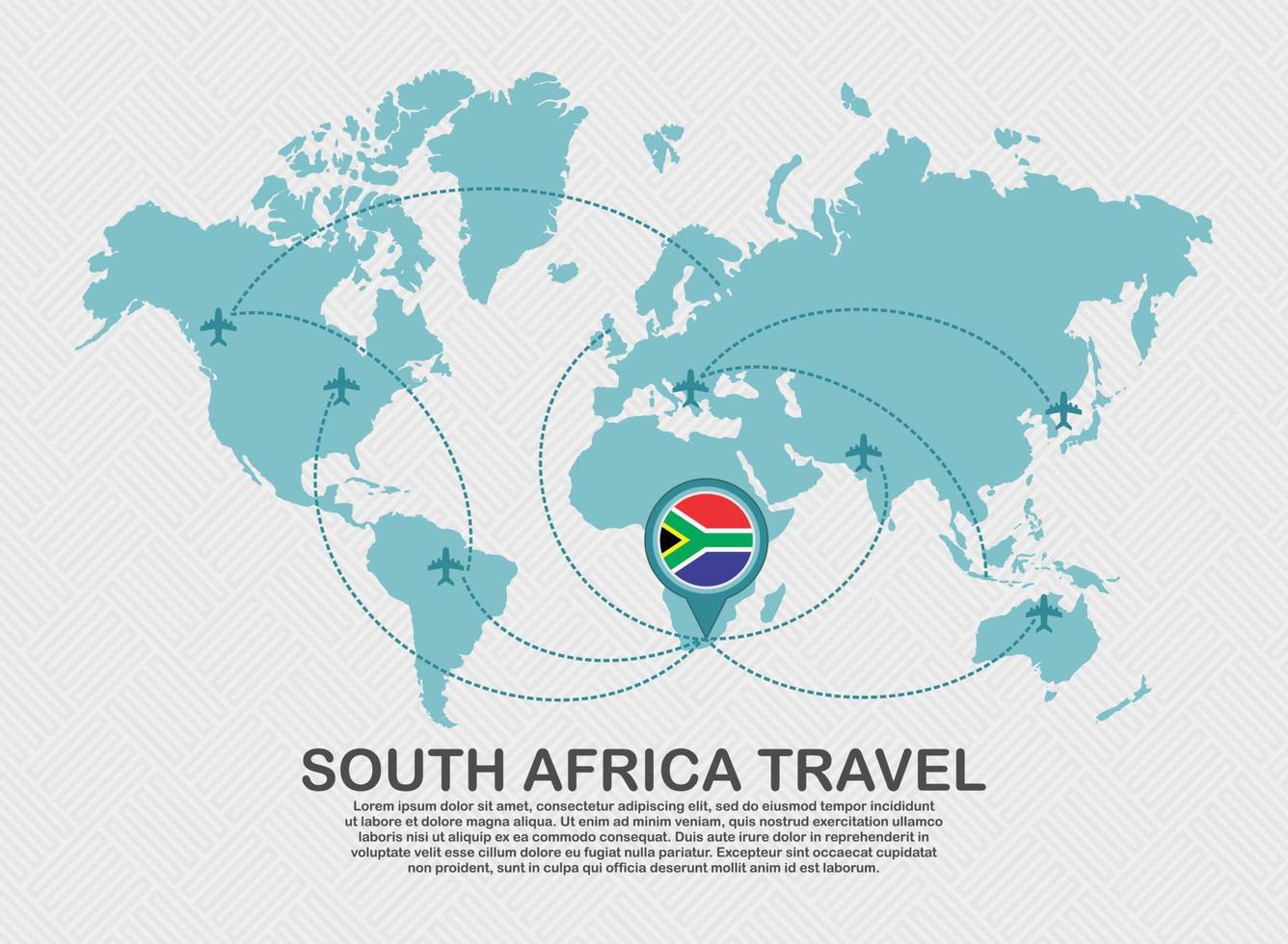 cartaz de viagem para a áfrica do sul com mapa do mundo e conceito de destino de turismo de fundo de negócios de rota de avião voador vetor