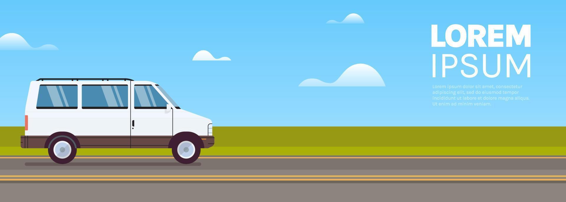 entrega de van de transporte de carga e van comercial na ilustração vetorial plana horizontal do conceito de bandeira de estrada. vetor