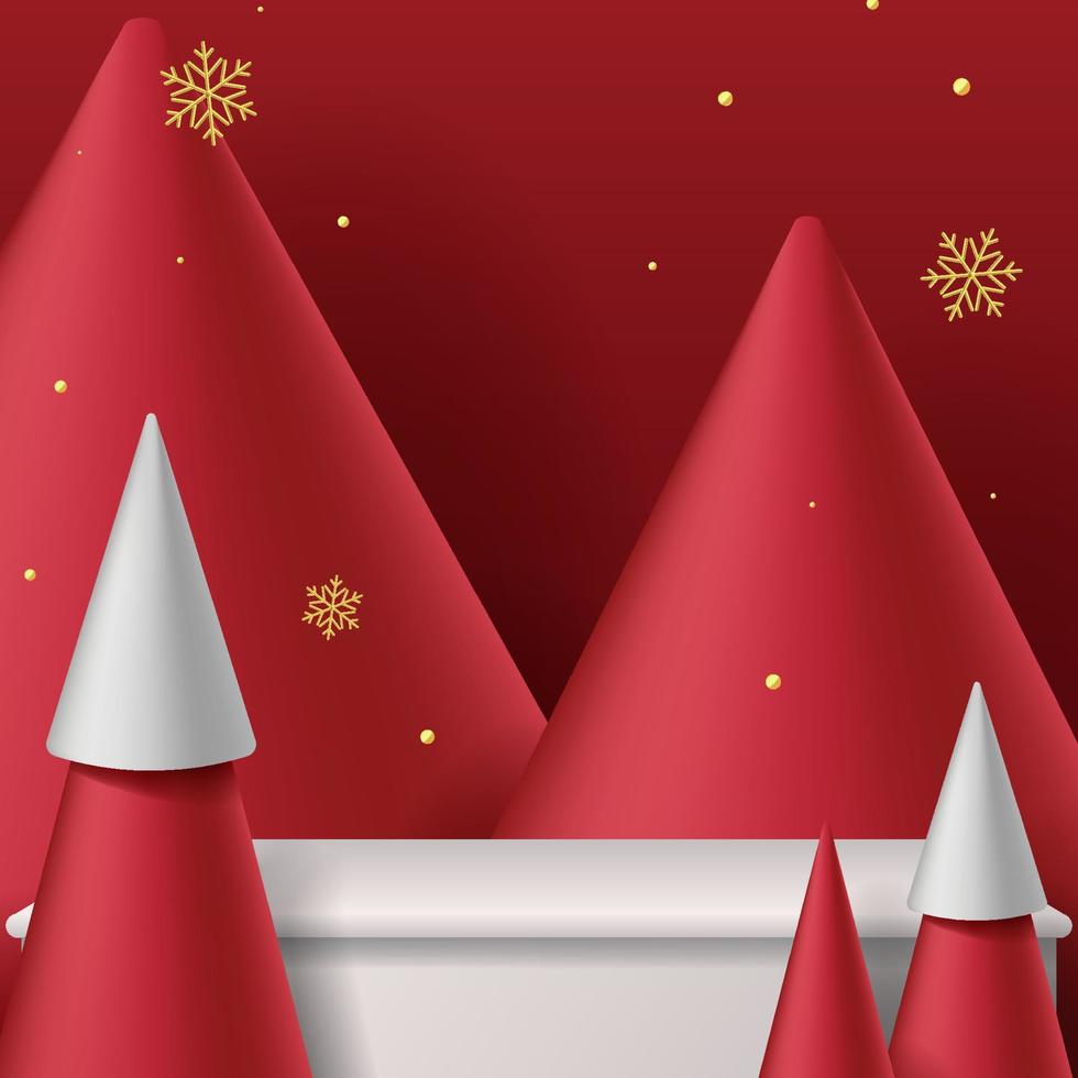 pódio para mostrar o produto display.winter natal decorativo sobre fundo vermelho com árvore de natal. vetor 3D