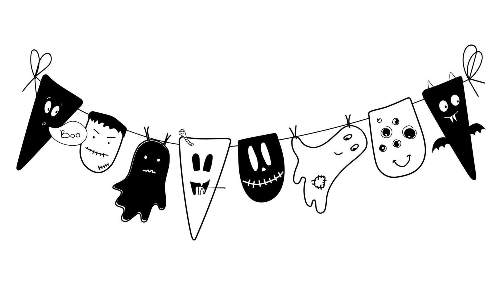 doodle guirlanda de halloween com monstros diferentes. vetor