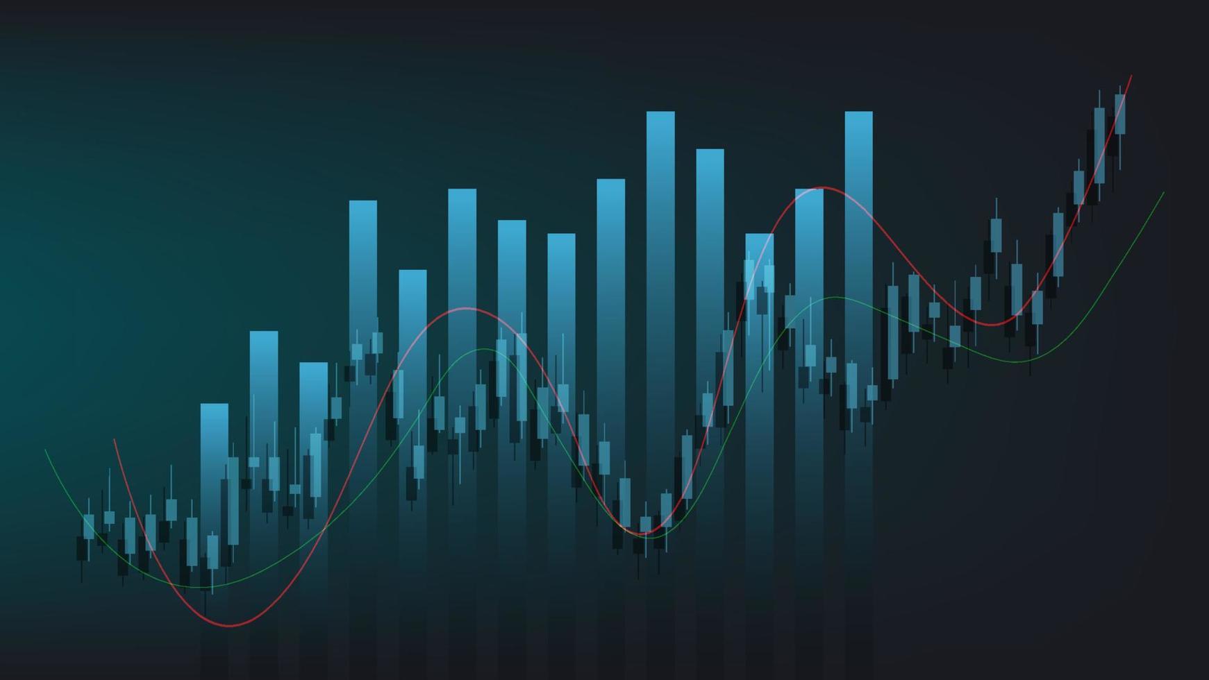 estatísticas de negócios financeiros com gráfico de barras e gráfico de velas mostram o preço do mercado de ações e câmbio em fundo verde escuro vetor