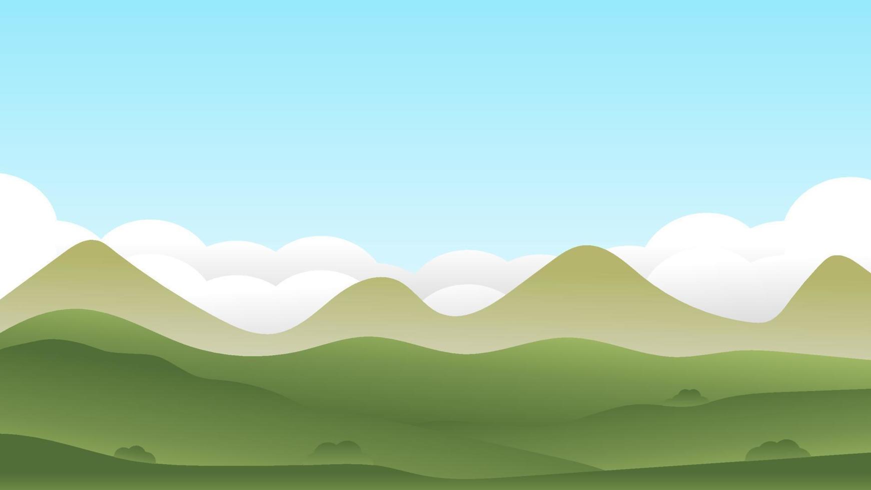 cena dos desenhos animados da paisagem com arbusto verde nas colinas e nuvem branca no fundo do céu azul vetor
