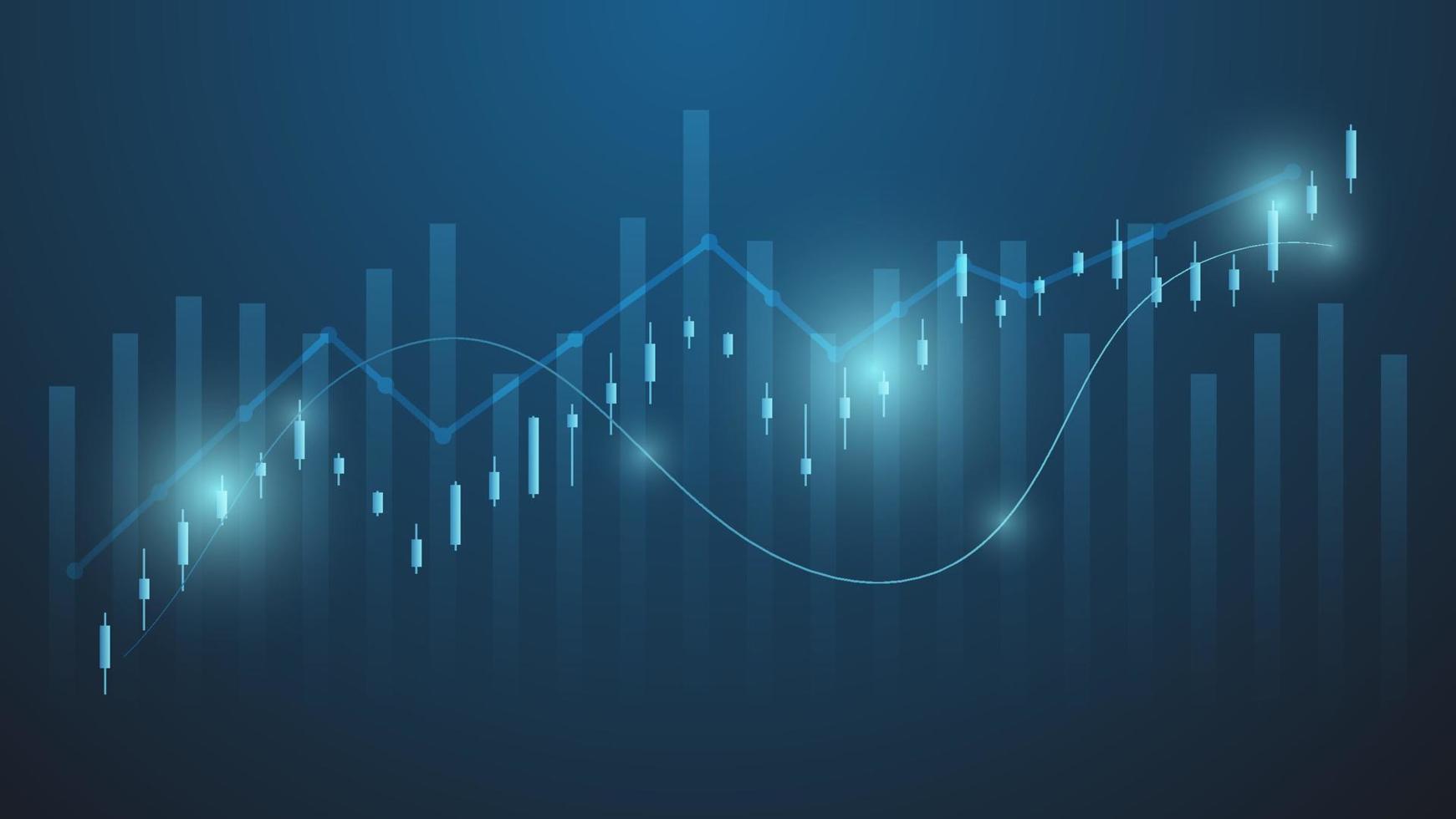 mercado de ações e conceito de gráfico de negociação de criptomoedas. castiçal e gráfico de barras com indicador de volume mostram dinheiro digital ou estatísticas financeiras e gerenciamento de ganhos de negócios em fundo azul vetor