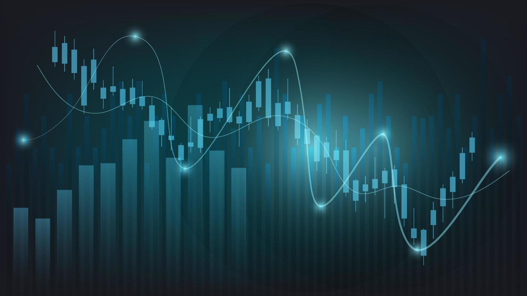 estatísticas de negócios financeiros com gráfico de barras e gráfico de velas mostram o preço do mercado de ações e câmbio em fundo verde escuro vetor