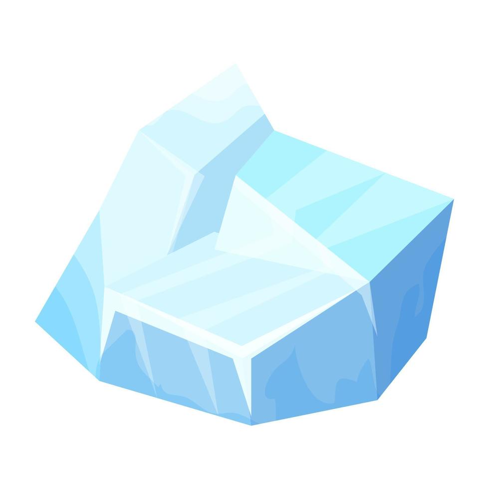 bloco de gelo, pedaço de água congelada, iceberg em estilo cartoon, isolado no fundo branco. elemento de paisagem polar, ativo de jogo de interface do usuário. decoração de inverno. ilustração vetorial vetor