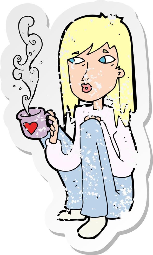 adesivo retrô angustiado de uma mulher de desenho animado com uma xícara de café vetor