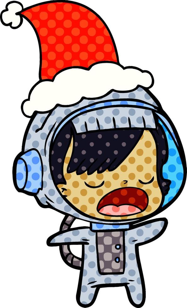 ilustração de estilo de quadrinhos de uma mulher astronauta falante usando chapéu de papai noel vetor