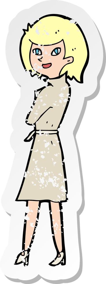 adesivo retrô angustiado de uma mulher de desenho animado em trench coat vetor