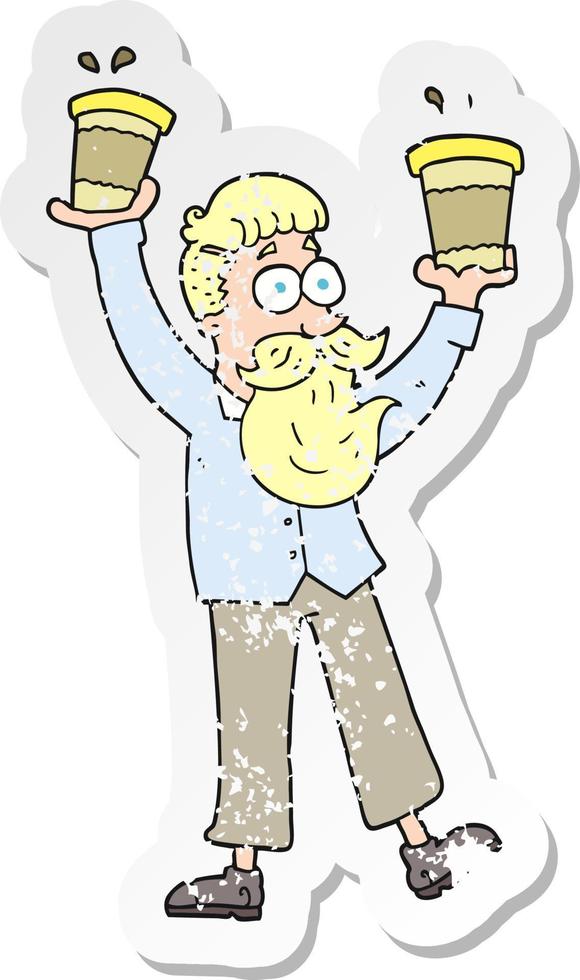 adesivo retrô angustiado de um homem de desenho animado com xícaras de café vetor