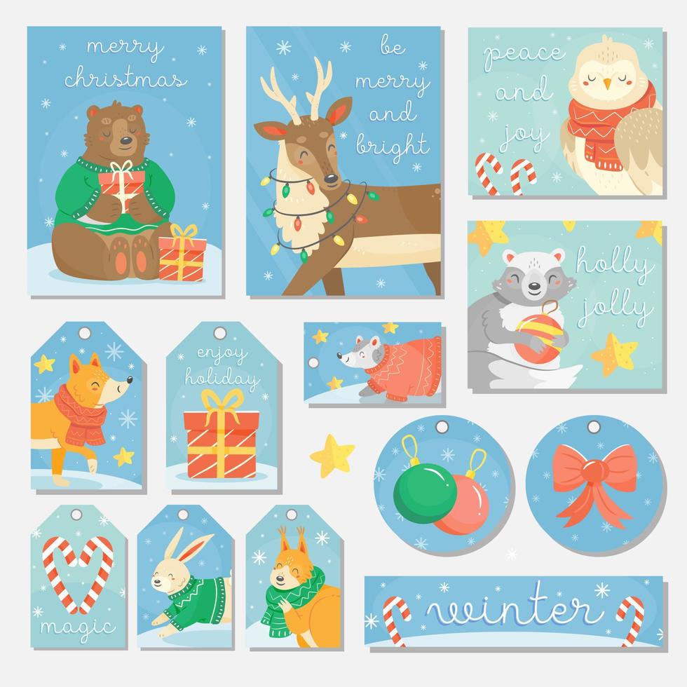 coleção de cartões, etiquetas, cartões postais, rótulos para o ano novo e natal com animais fofos da floresta em estilo cartoon. ilustração em vetor conceito.
